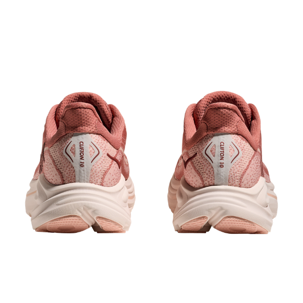 Two HOKA Women's Clifton 10 Blush/Rose Lat shoes seen from the back, highlighting mesh uppers and cushioned soles.