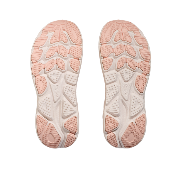 HOKA Women's Clifton 10 Blush/Rose Lat soles with white and light pink tread, viewed from the bottom.
