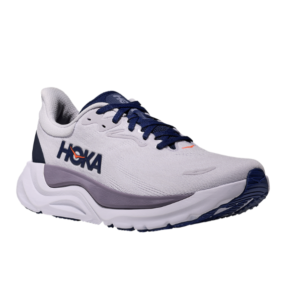 Starlight Glow/blue HOKA W Arahi 8 stability running shoe with thick sole, blue laces, and side HOKA logo.