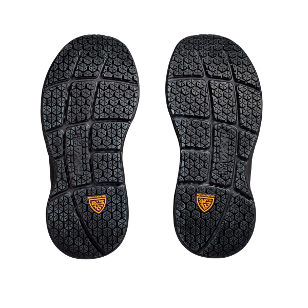 The HOKA Women's Bondi SR Black/Black shoes have slip-resistant soles with textured grips and a yellow shield logo.