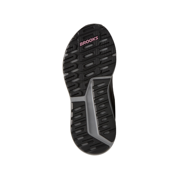 Brooks Women's Ariel GTS 26 Oyster/Pink shoe sole with pink BROOKS logo near heel on a white background.