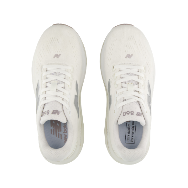 NEW BALANCE Women's 860V15 Wide running shoes in White/Silver shown from above on a white background.