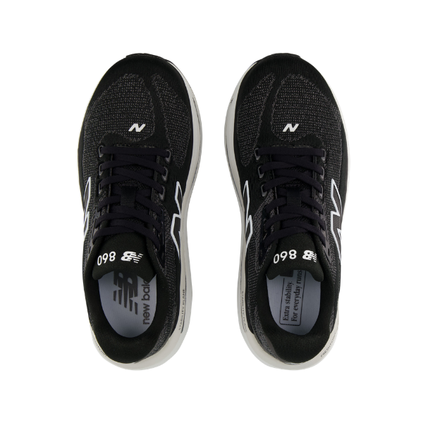 A pair of New Balance Women's 860V15 Black/White running shoes viewed from above on a white background.