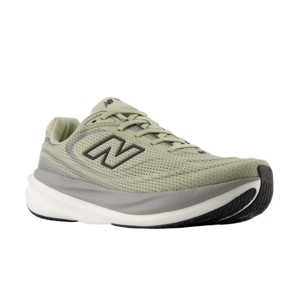 Olive/black New Balance M 1080 V15 running shoe with enhanced cushioning, white midsole, and black outsole.