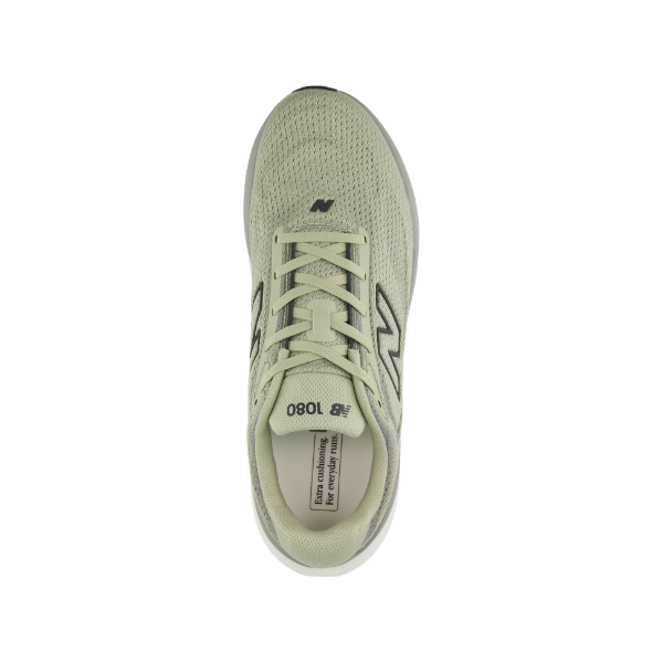 Top view of NEW BALANCE M10804ef running shoe in olive/black with mesh upper and enhanced cushioning.