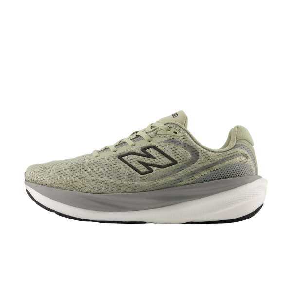 NEW BALANCE M1080 V15 Olive/black running shoe with mesh upper, black logo, and white-black sole in side view.