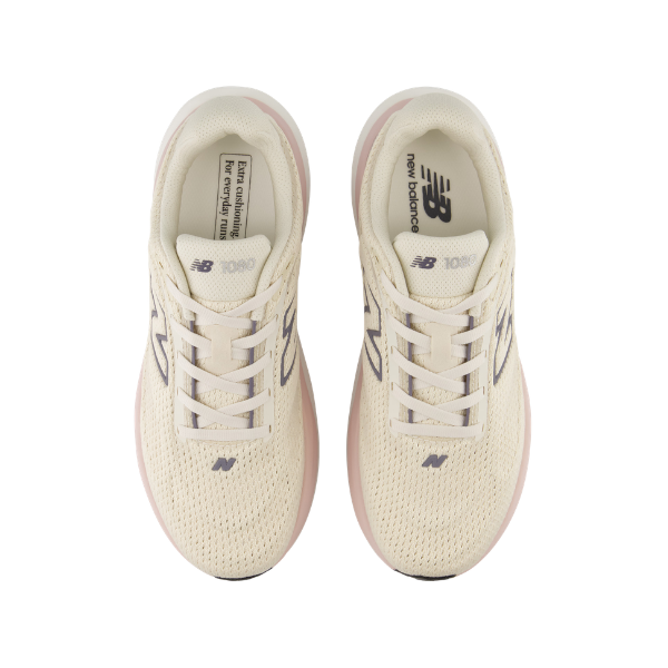 Top view of NEW BALANCE Women's 1080V15 Beige/White running shoes with pink soles, side by side on white background.