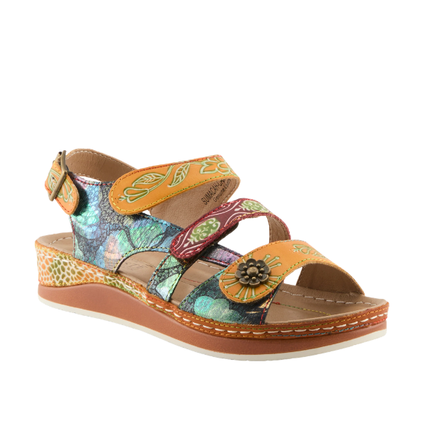 SPRING STEP Women's Sumacah Camel Multi wedge sandal features floral designs, straps, and a decorative side flower button.