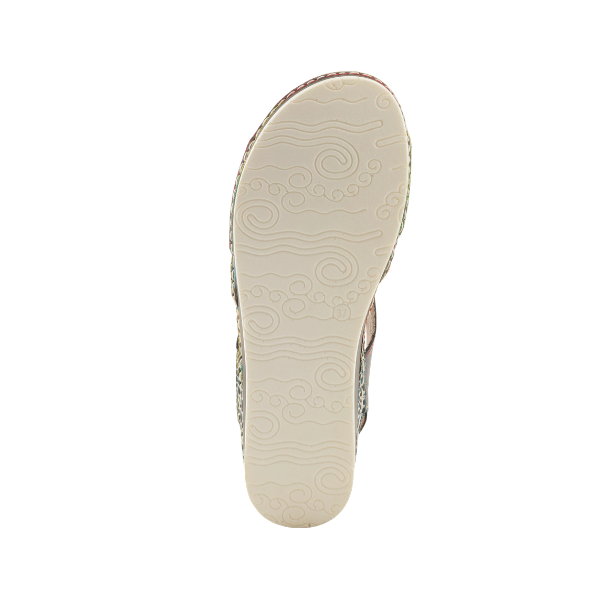 SPRING STEP SpringStep Women's Sumacah Black Multi sandal sole with wavy patterns, shown from below on white background.