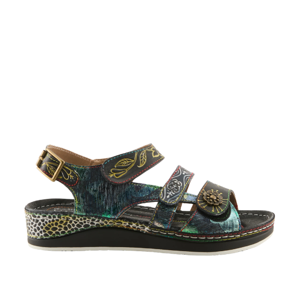 SPRING STEP SpringStep Women's Sumacah Black Multi: Hand-painted leather sandals with floral design, 3 straps, side view.
