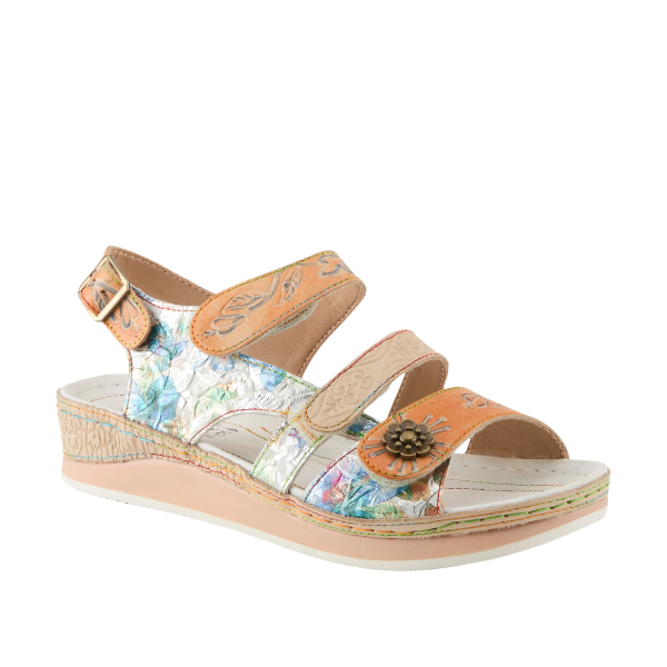 A vibrant wedge sandal with floral prints and tan straps—SPRING STEP SpringStep Women's Sumacah Beige Multi.