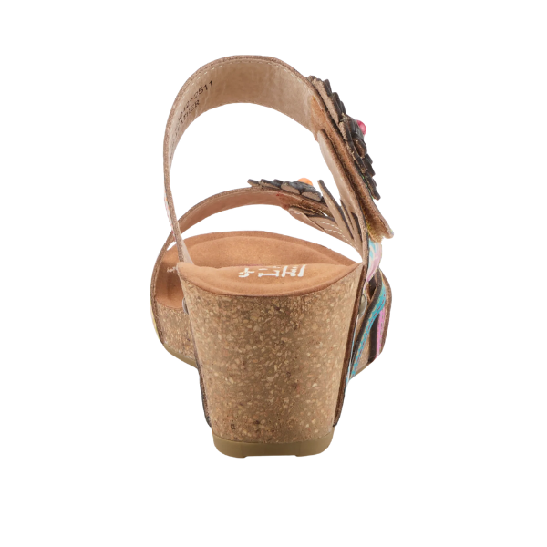 Back view of SPRING STEP Maoi Tan Multi sandals with cork wedge, multicolored straps, and hand-painted leather.