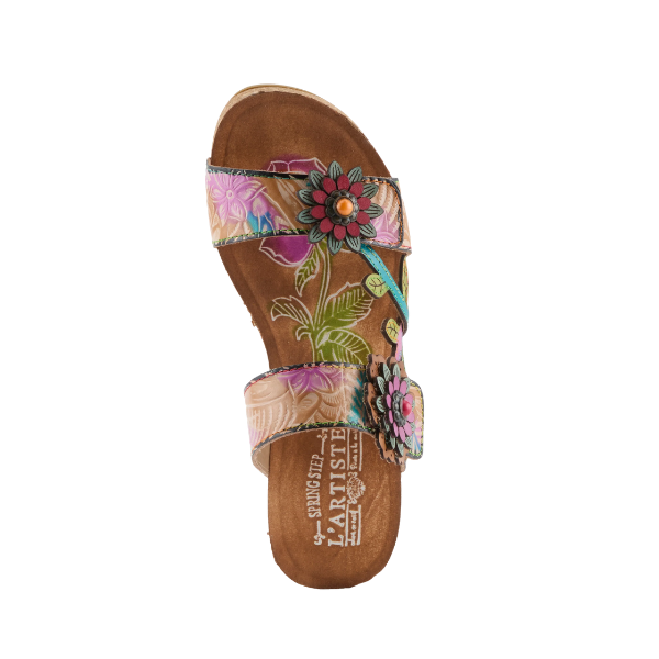 Top view of the SPRING STEP Maoi Tan Multi sandal featuring hand-painted leather and vibrant floral strap design.