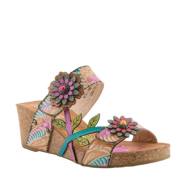 SPRING STEP SpringStep Women's Maoi Tan Multi: Hand-painted leather wedge sandal with floral accents and vibrant straps.