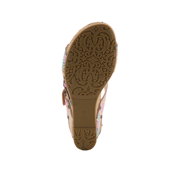 The image shows the sole of SPRING STEP Women's Maoi Tan Multi sandals with a floral pattern and the number 37.