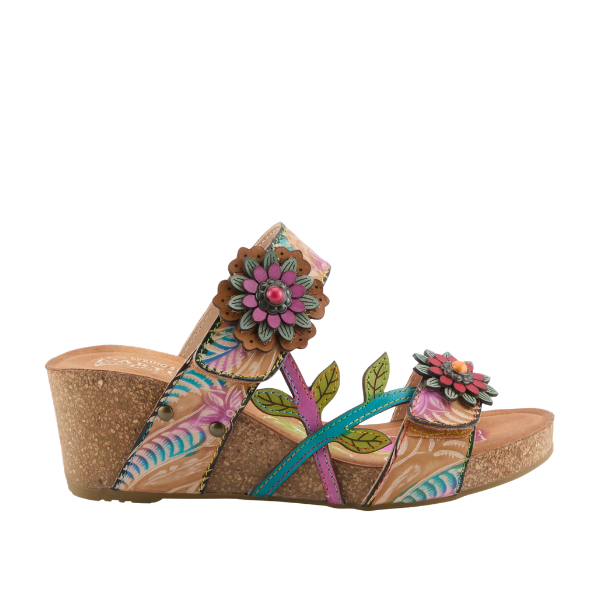 SPRING STEP Maoi Tan Multi: women's wedge sandal with floral accents, leaf design, and cork heel.