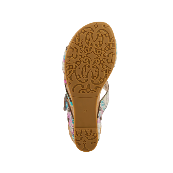 Bottom view of SpringStep Women's Moai Grey Multi sandal with a tan, embossed floral sole and the number 37.