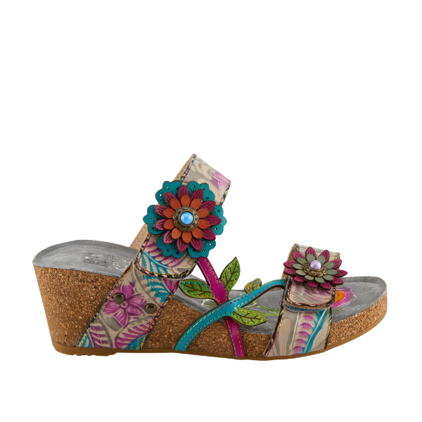 SPRING STEP Moai Grey Multi sandal features floral accents, multicolored straps, and a comfy cork heel for women.