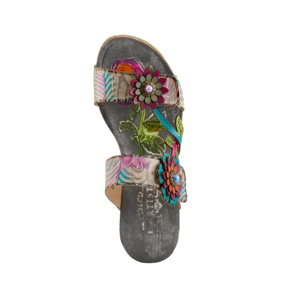 The SPRING STEP Moai Grey Multi is a floral women's sandal with a patterned insole, shown from above on white.