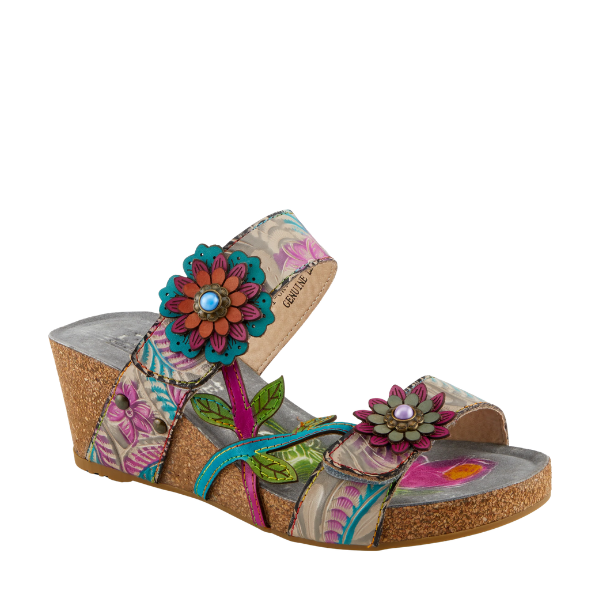 SPRING STEP Moai Grey Multi sandals for women with floral accents, leaf details, cork sole, and multicolored straps.