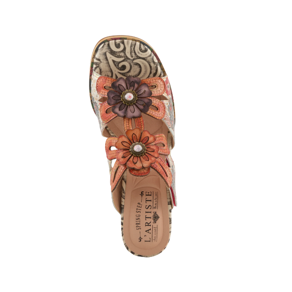 The SPRING STEP SpringStep Women's Alania Orange Multi shoe features floral embellishments and a patterned insole, top view.