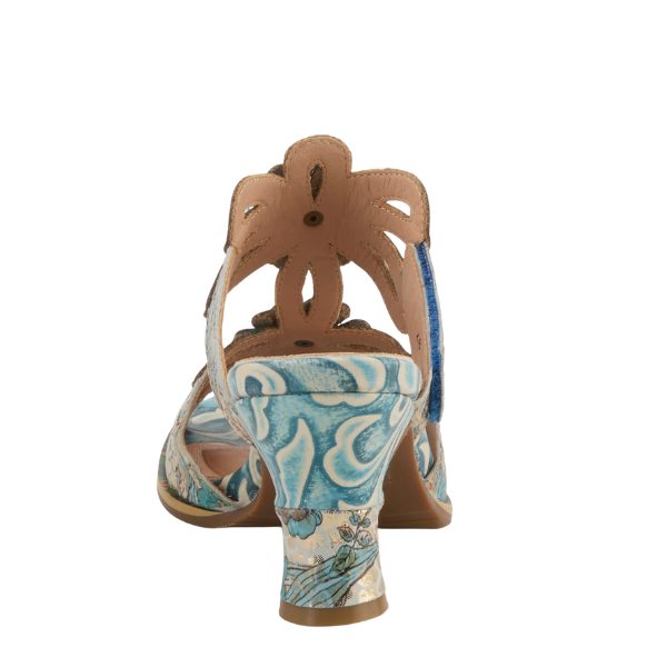 SPRING STEP SpringStep Women's Alania Turquoise Multi sandals with floral accents, shown from the back on white background.