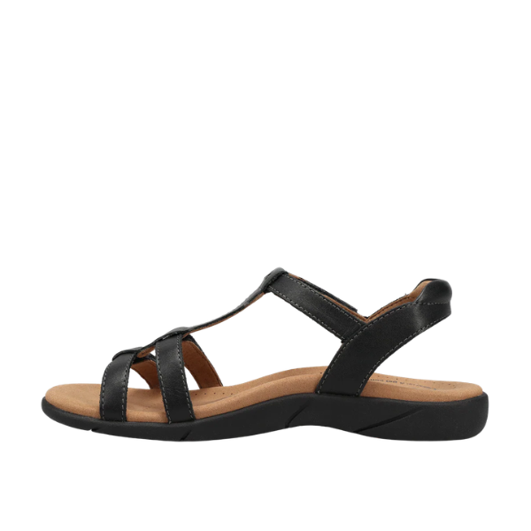 TAOS Trophy 2 Black Emboss: women's black leather sandals with low heel, arch support, and cushioned insole.