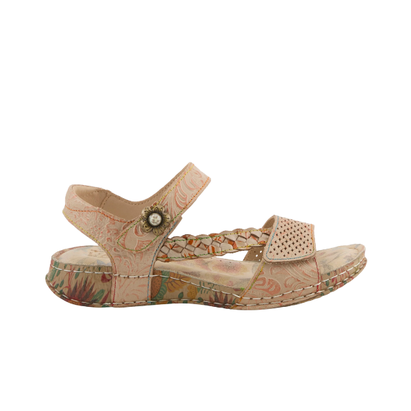 SPRING STEP SpringStep Women's Popular Beige Multi sandal with floral pattern, ankle and toe straps, and decorative button.