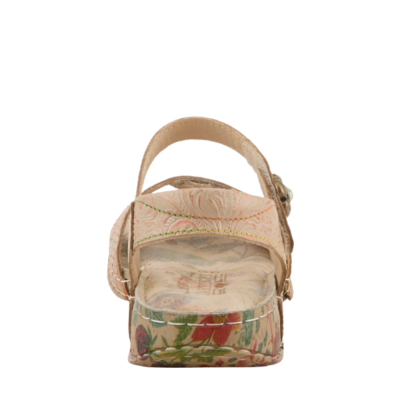 SPRING STEP Women's Popular Beige Multi sandal with ankle strap and floral design, shown from the back.