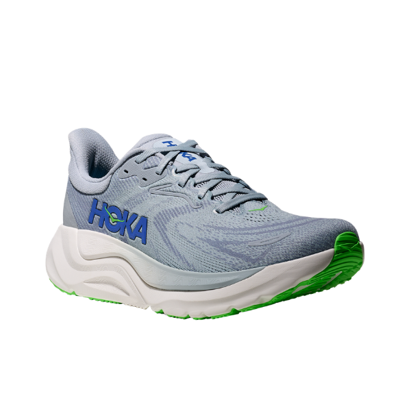 HOKA Men's Mineral Blue/Washed Arahi 8 stability running shoe with a thick white sole and green tread on white background.