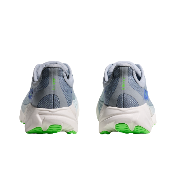 HOKA Men's Arahi 8 stability running shoes in Mineral Blue/Washed, shown from the back with green soles.