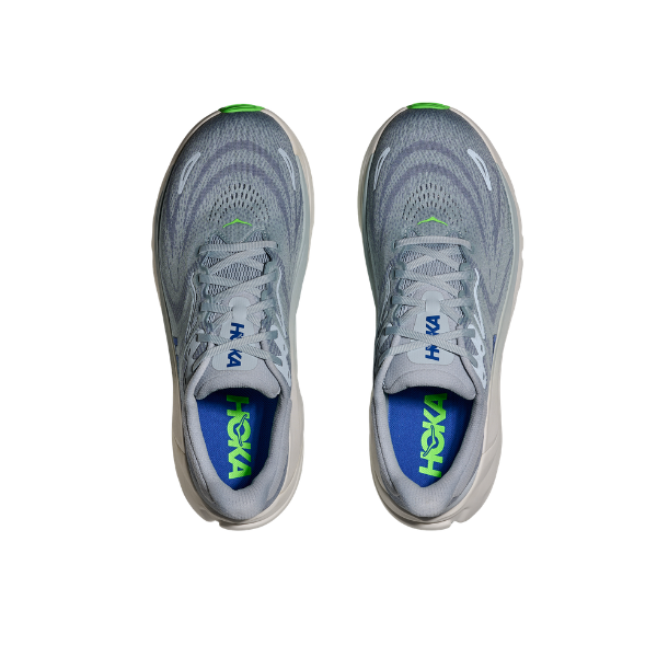 The HOKA Men's Arahi 8 in Mineral Blue/Washed shown from above with green accents on a white background.