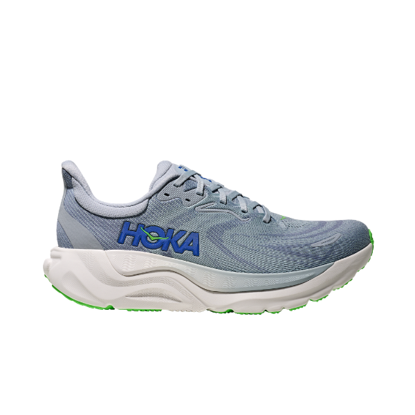 HOKA Men's Arahi 8 in Mineral Blue/Washed with white sole and green accents, side view on white background.