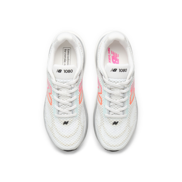 New Balance Women's 1080V15 White/Pink running shoe shown from above on a white background.