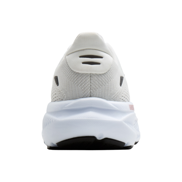 Rear view of the BROOKS Women's Ghost 18 White/Black with soft cushioning and a thick, textured white sole.