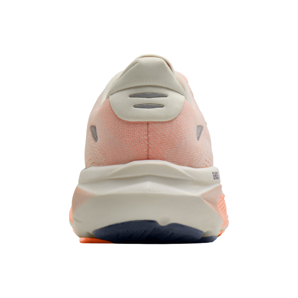 The BROOKS Ghost 18 Women's road shoe in White/Peach features soft cushioning, shown from the back.