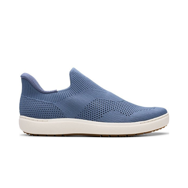 CLARKS Clark's Women's Nalle Step Grey/Blue slip-on sneakers with knit upper and white sole, side view.