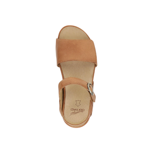 Top view of the DANSKO Women's Tinsley Natural, a comfy leather sandal with adjustable platform and ankle buckle.