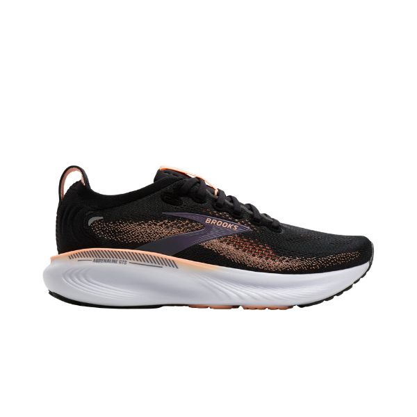 BROOKS Women's Adrenaline GTS 25 Black/Peach running shoes with cushioned sole, side view.