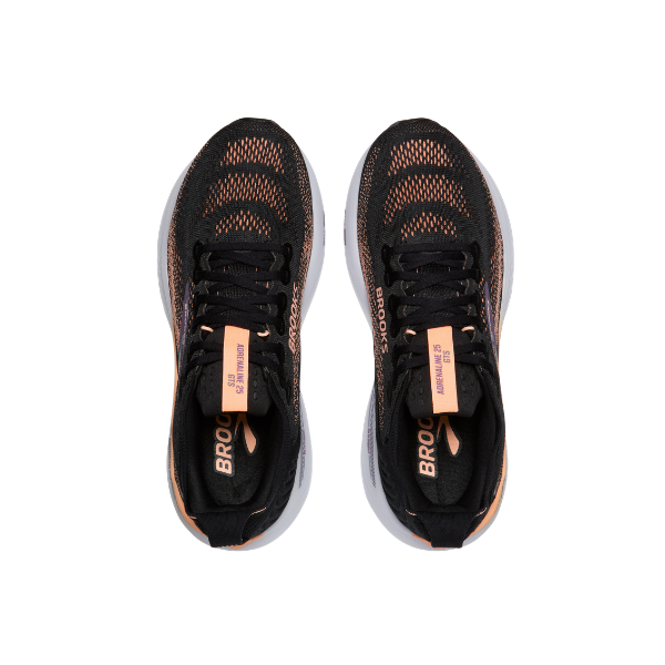 Top view of BROOKS Women's Adrenaline GTS 25 Black/Peach running shoes for foot pain relief, white soles.