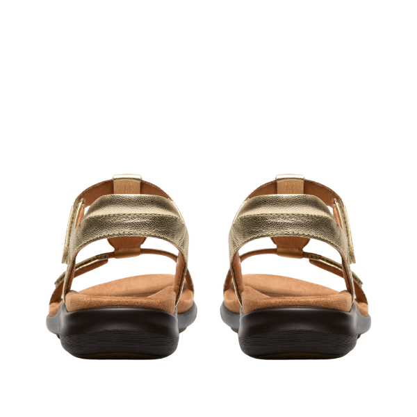Rear view of CLARKS Kitly Gem Wide Champagne sandals with adjustable straps and Contour Cushion footbed.