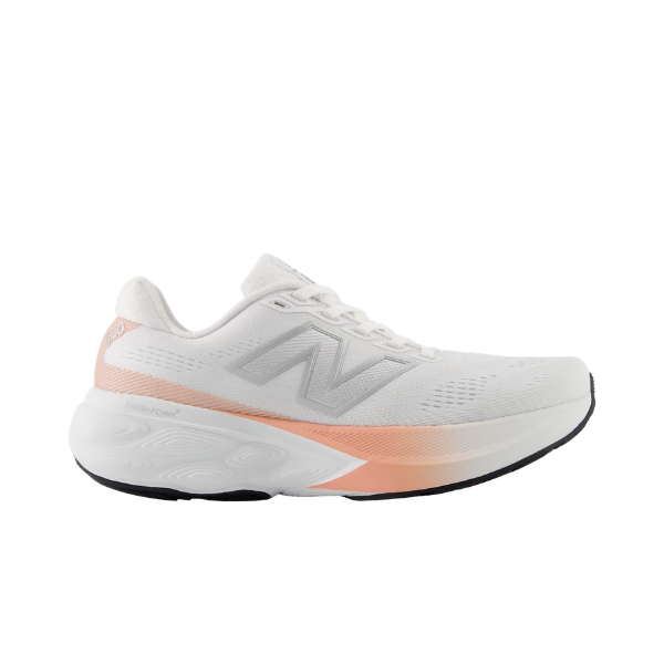 NEW BALANCE Women's 880 V15 White/Orange sneaker with orange accents and thick Fresh Foam X sole, side profile shown.