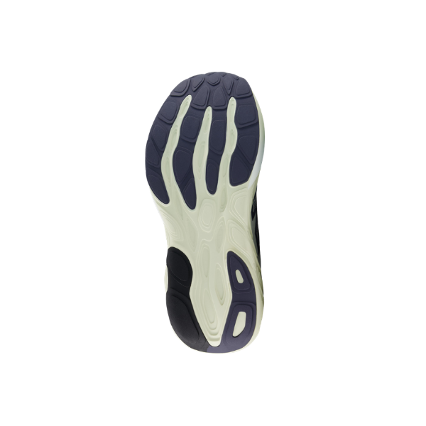 The New Balance Women's 880 V15 has a cushioned, cream and dark gray wave-patterned sole, shown from below.