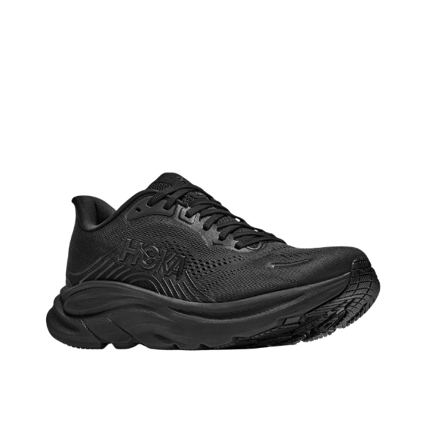 HOKA Men's Clifton 11 Black/Black cushioned trainer with mesh upper and thick sole on a white background.