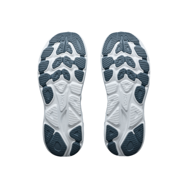 HOKA Men's Clifton 11 Navy: cushioned running shoes with a white sole and dark blue grip, shown from the bottom.