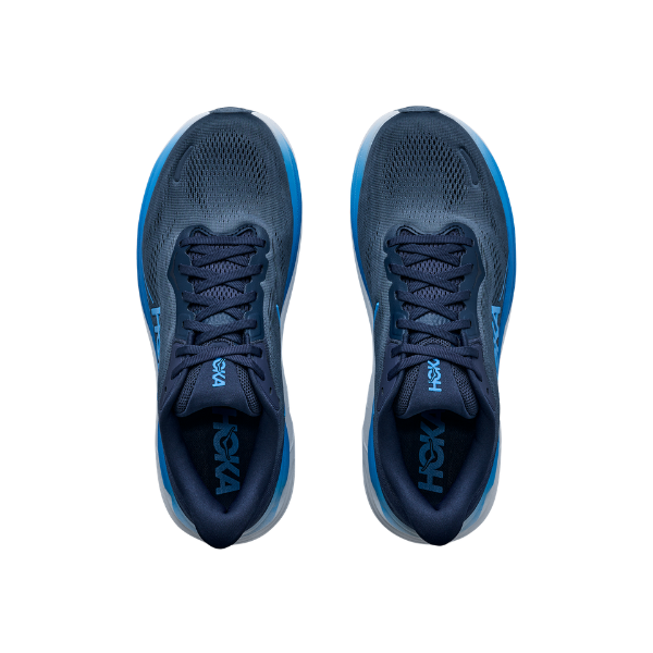 A pair of HOKA Men's Clifton 11 Navy cushioned running shoes viewed from above on a white background.