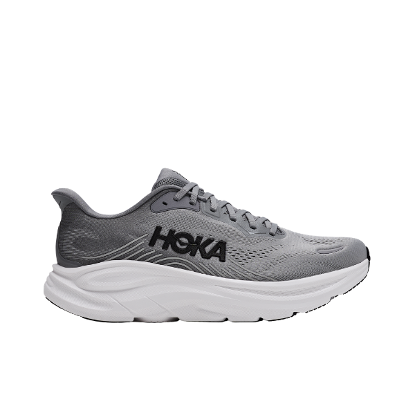 HOKA Men's Clifton 11 Wide Grey running shoes with cushioned sole, side view on white background.