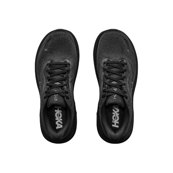 Top view of HOKA Women's Clifton 11 Black/Black running shoes, featuring laces and branded insoles.