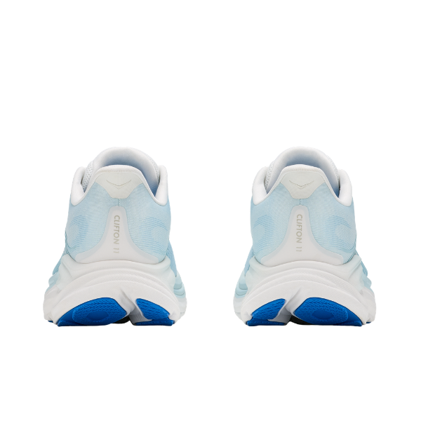 HOKA Women's Clifton 11 Frost/Blue running shoes shown from the back, featuring blue-accented soles.