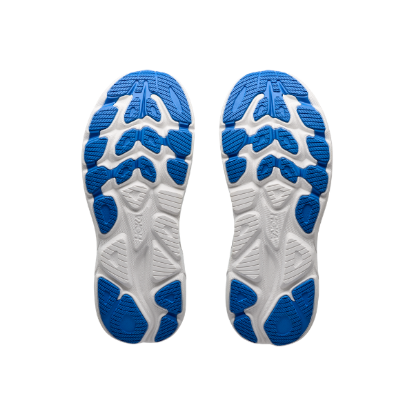HOKA Women's Clifton 11 Frost/Blue running shoes showing blue and white soles, viewed from the bottom on white.